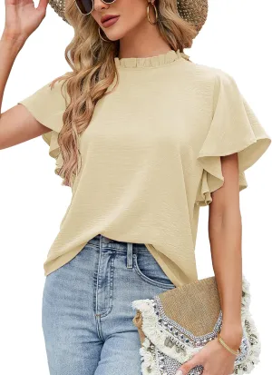 Aifer Womens Summer Ruffle Short Sleeve Dressy Casual Blouses Mock Neck Tops Elegant Work Shirts