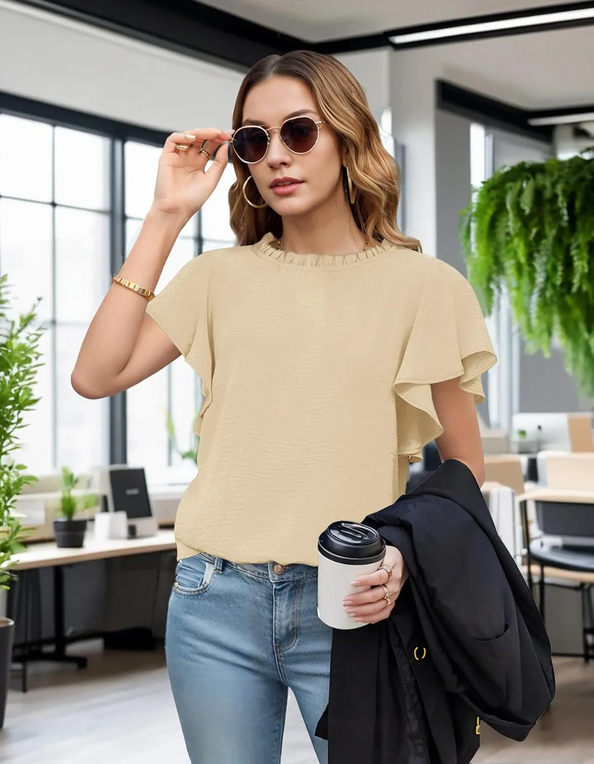 Aifer Womens Summer Ruffle Short Sleeve Dressy Casual Blouses Mock Neck Tops Elegant Work Shirts