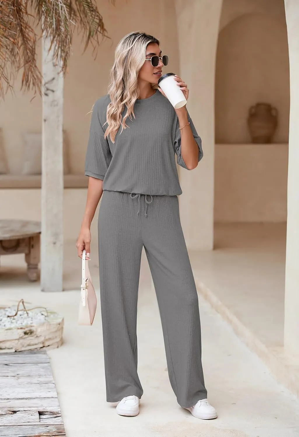 AOHITE Womens 2 Piece Outfits Lounge Sets Short Sleeve Pullover Tops Elastic Wide Leg Pants Set Sweatsuits Tracksuit