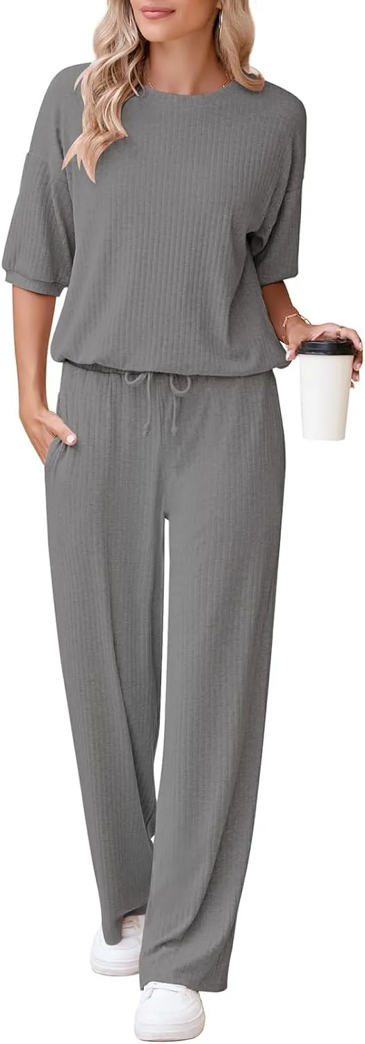 AOHITE Womens 2 Piece Outfits Lounge Sets Short Sleeve Pullover Tops Elastic Wide Leg Pants Set Sweatsuits Tracksuit