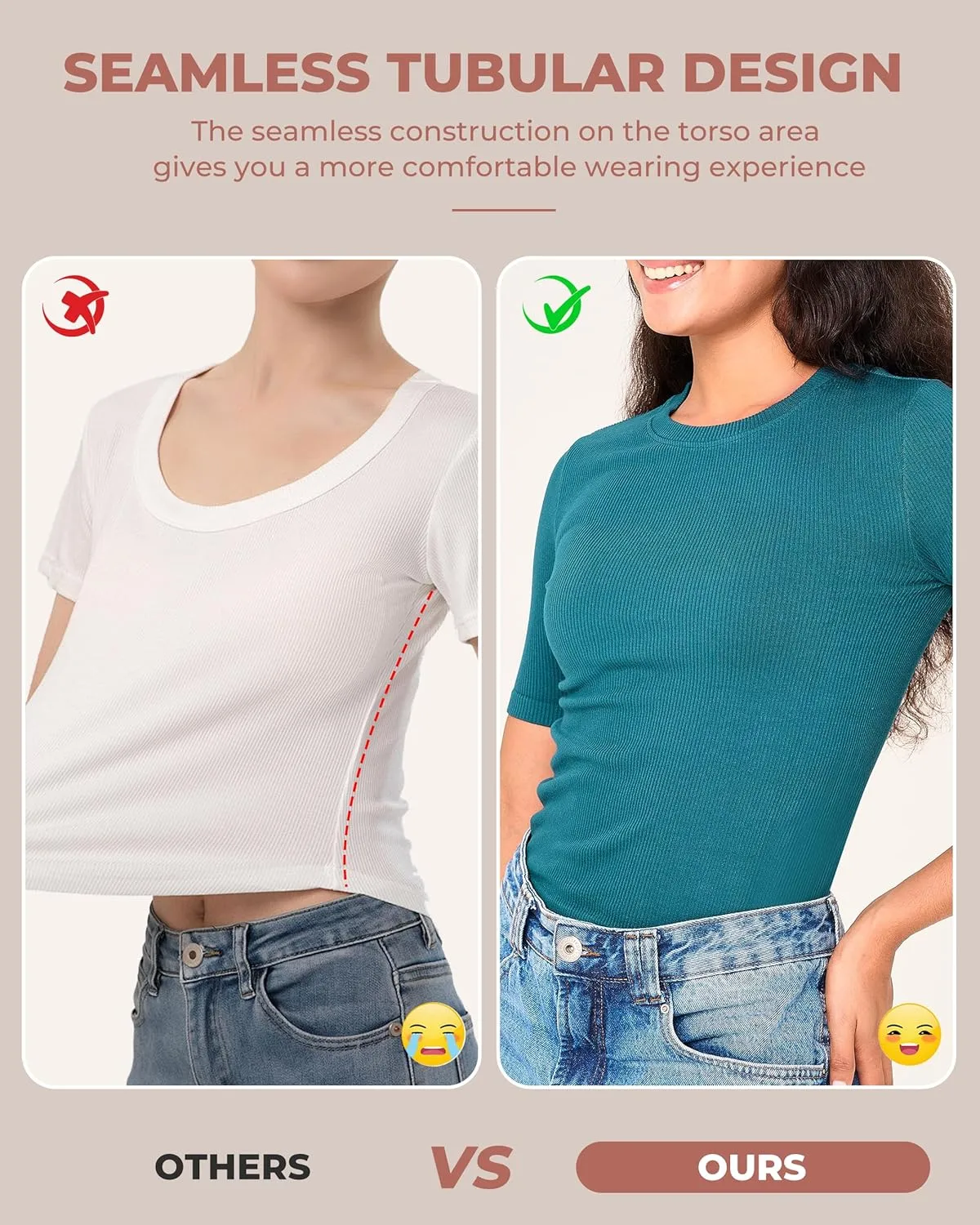 BAMBOO COOL Women's Seamless Tight T-Shirts Slim Fit Basic Ribbed Tees Short Sleeve Crew Neck Top