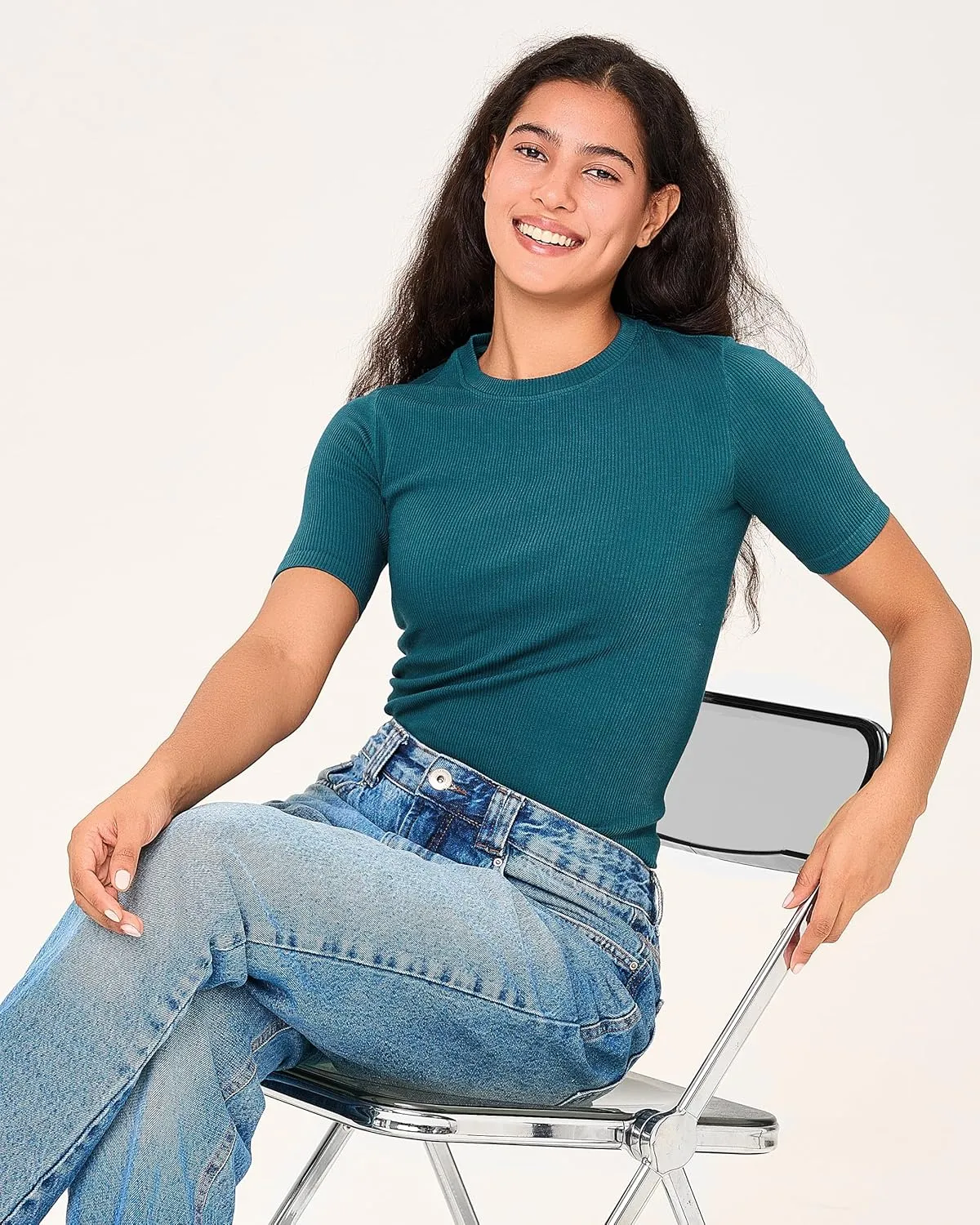 BAMBOO COOL Women's Seamless Tight T-Shirts Slim Fit Basic Ribbed Tees Short Sleeve Crew Neck Top