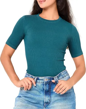 BAMBOO COOL Women's Seamless Tight T-Shirts Slim Fit Basic Ribbed Tees Short Sleeve Crew Neck Top