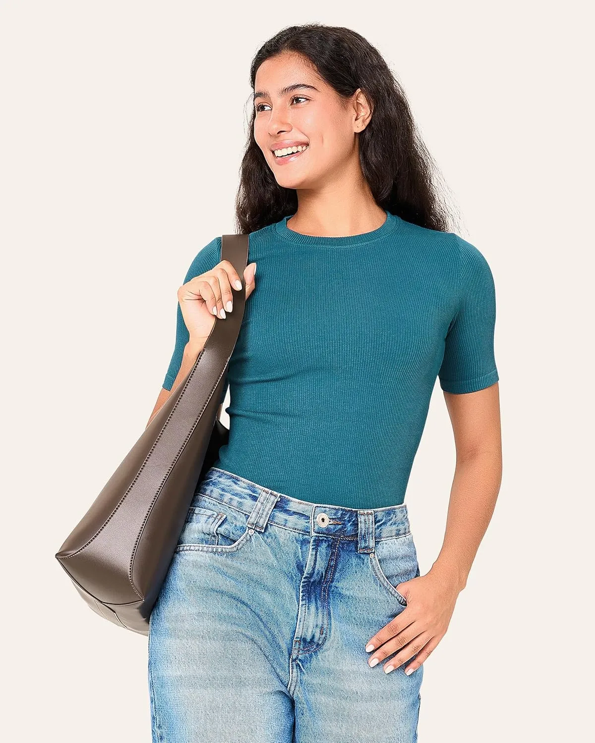 BAMBOO COOL Women's Seamless Tight T-Shirts Slim Fit Basic Ribbed Tees Short Sleeve Crew Neck Top