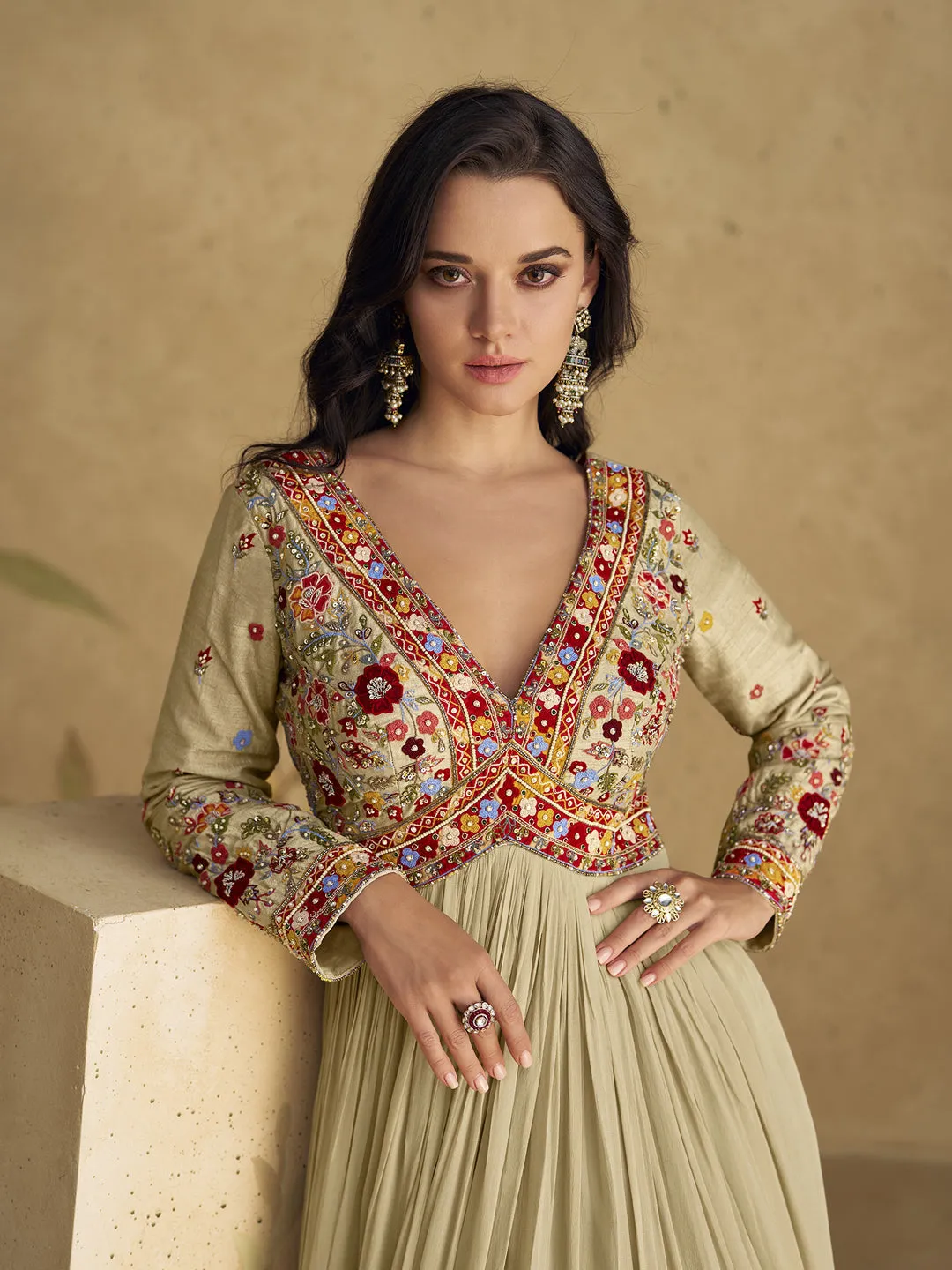 Beige Designer Readymade Real Georgette Heavy Gown With Dupatta