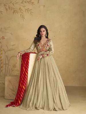 Beige Designer Readymade Real Georgette Heavy Gown With Dupatta