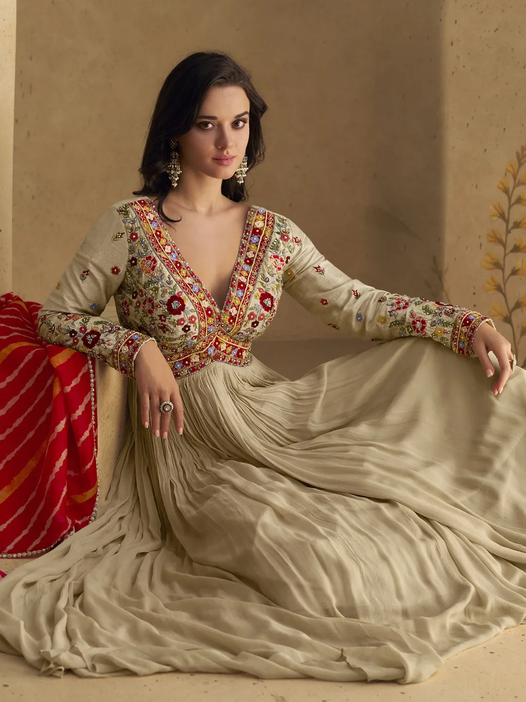 Beige Designer Readymade Real Georgette Heavy Gown With Dupatta