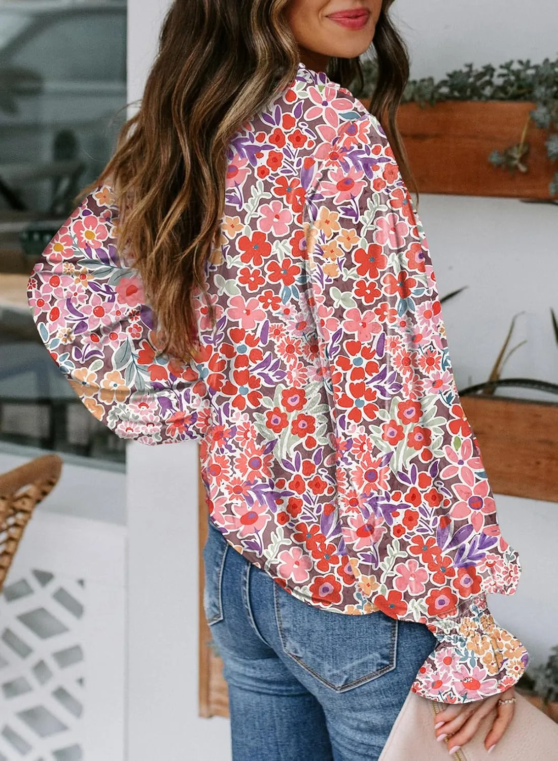 Biucly Women's Casual Boho Floral Print V Neck Long Sleeve Drawstring Tops Loose Blouses Button Down Shirts