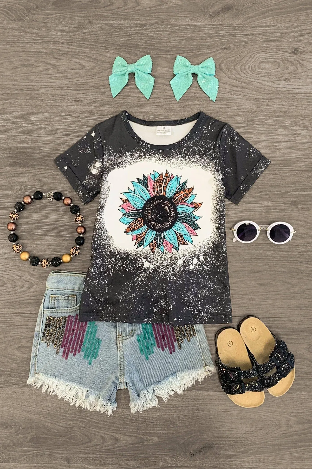Black Sunflower Paint Splatter Denim Short Set