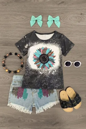 Black Sunflower Paint Splatter Denim Short Set