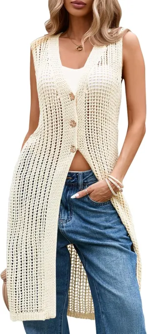 Cakulo Womens Sleeveless Crochet Cardigans Beach Cover Up 2025 Summer Long Knit Sweater Vest Tops