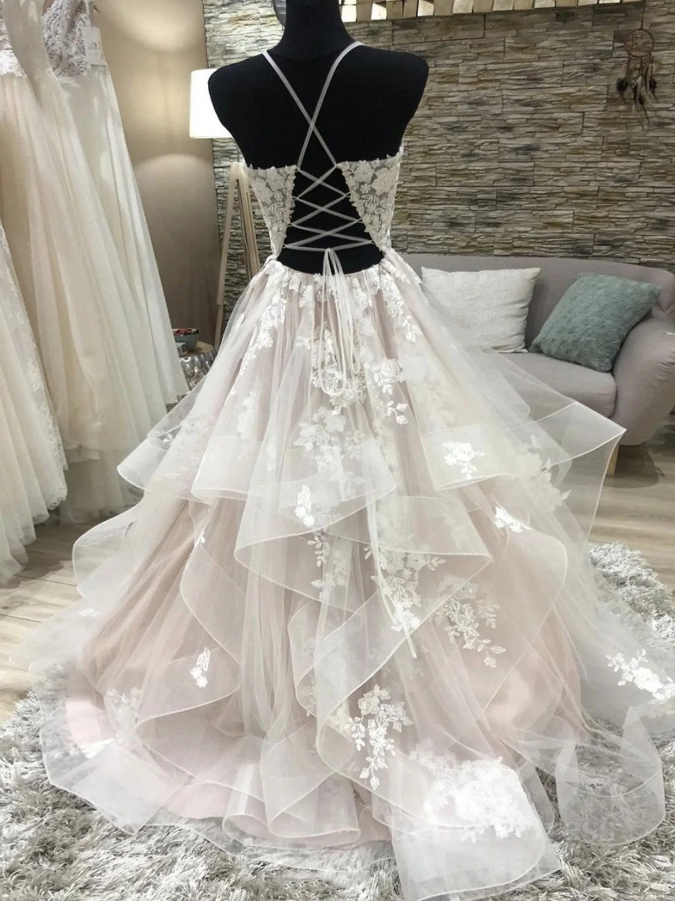 Champagne v neck tulle lace long prom dress champagne evening dress