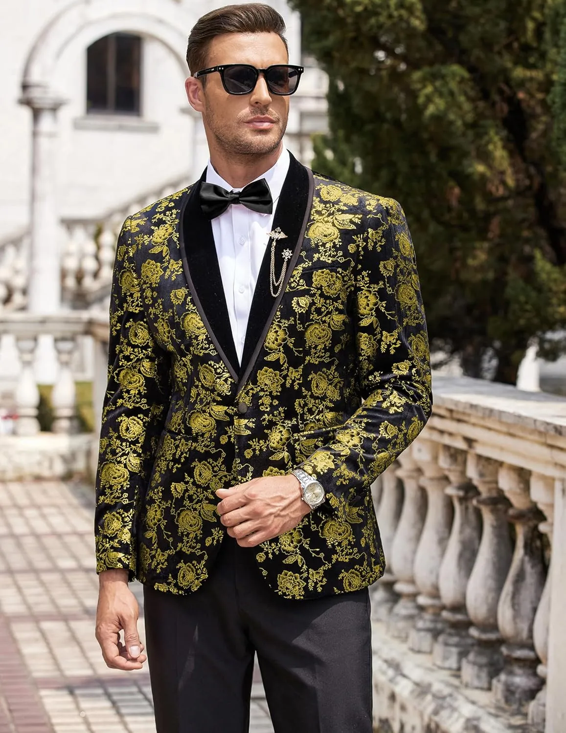 COOFANDY Men's Velvet Tuxedo Floral Blazer Jacket One Button Shawl Lapel Suit Jacket for Dinner Prom Party Wedding