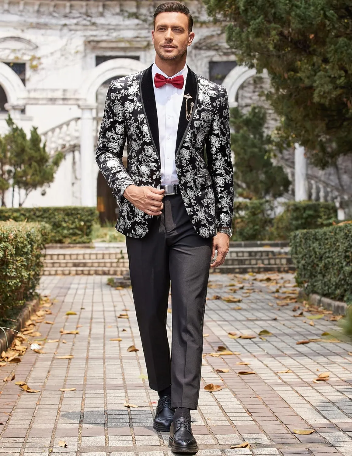 COOFANDY Men's Velvet Tuxedo Floral Blazer Jacket One Button Shawl Lapel Suit Jacket for Dinner Prom Party Wedding