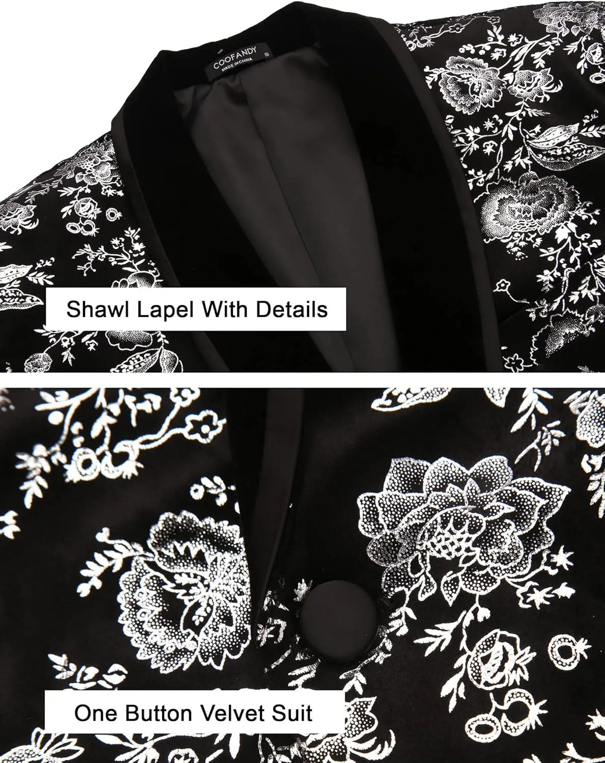 COOFANDY Men's Velvet Tuxedo Floral Blazer Jacket One Button Shawl Lapel Suit Jacket for Dinner Prom Party Wedding