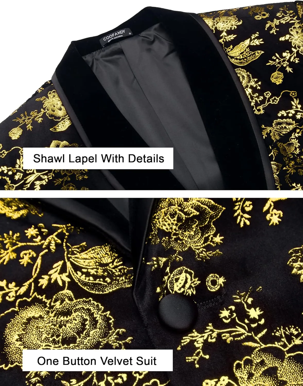 COOFANDY Men's Velvet Tuxedo Floral Blazer Jacket One Button Shawl Lapel Suit Jacket for Dinner Prom Party Wedding