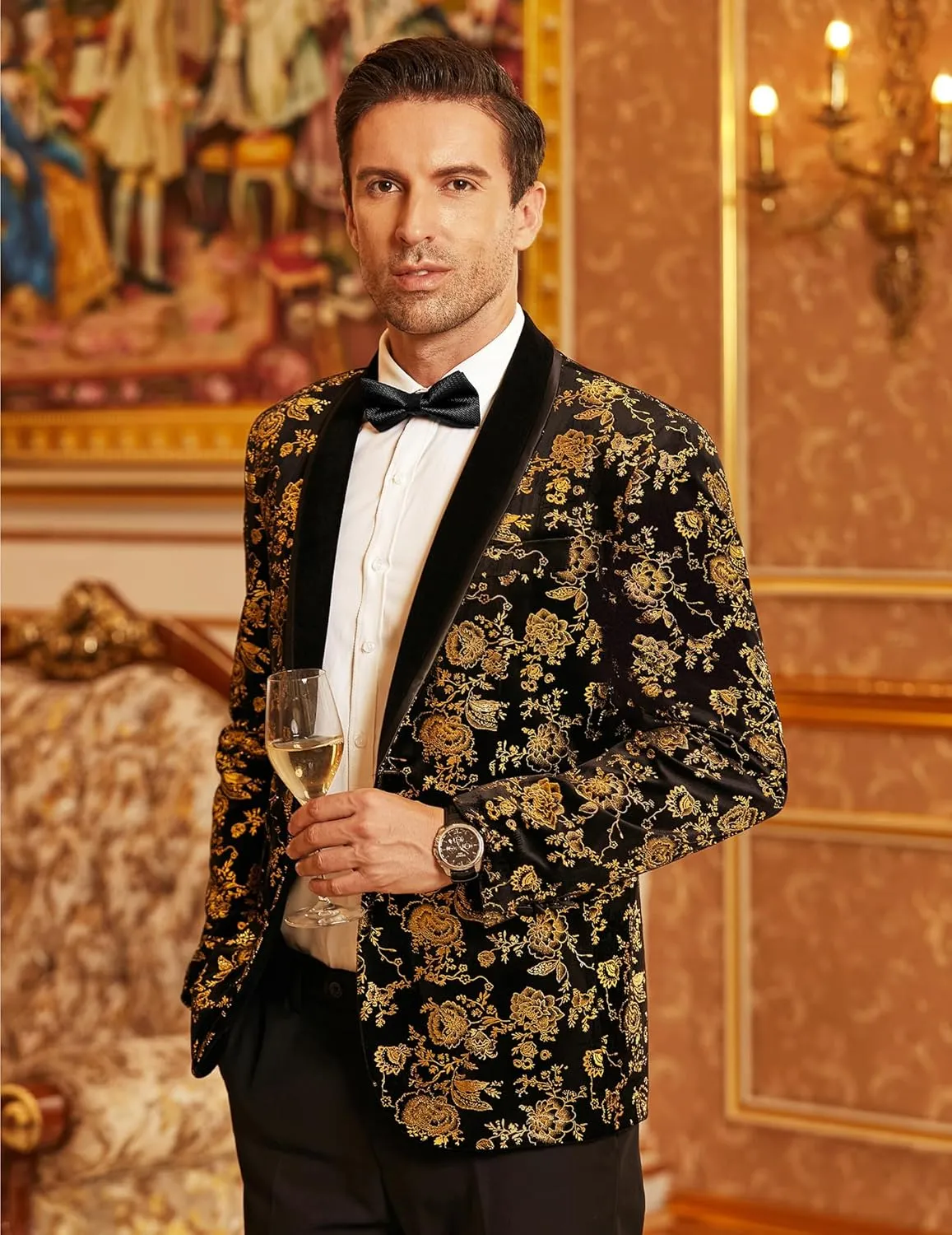 COOFANDY Men's Velvet Tuxedo Floral Blazer Jacket One Button Shawl Lapel Suit Jacket for Dinner Prom Party Wedding