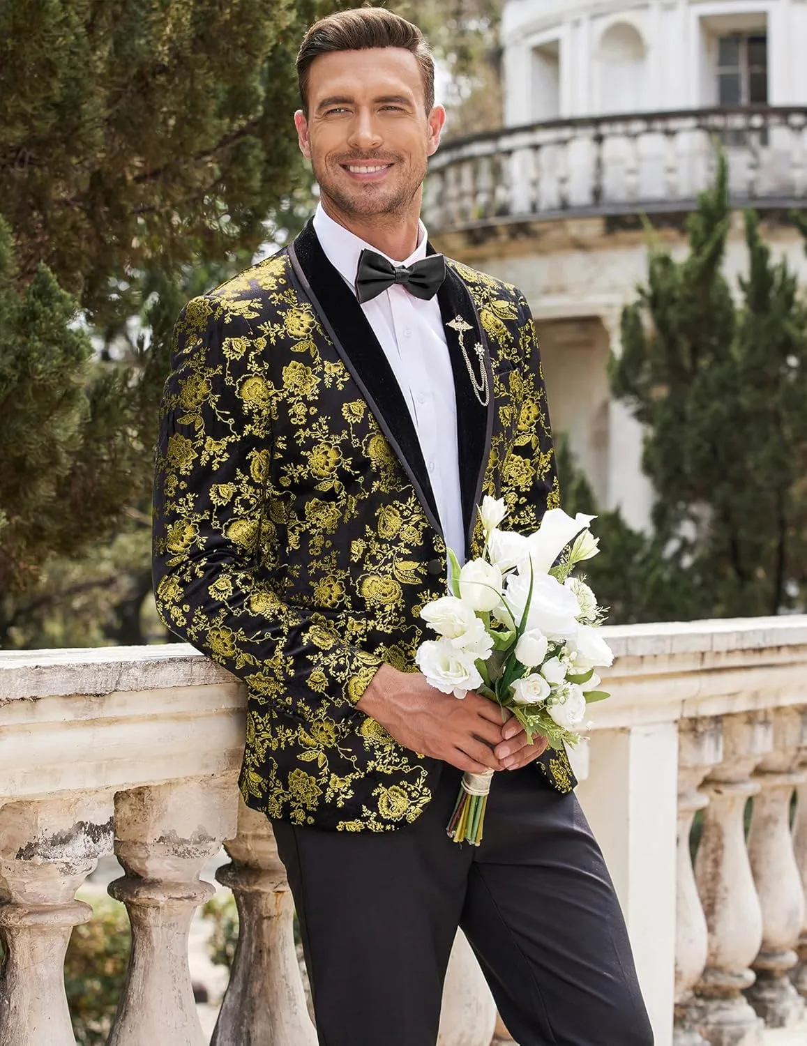 COOFANDY Men's Velvet Tuxedo Floral Blazer Jacket One Button Shawl Lapel Suit Jacket for Dinner Prom Party Wedding