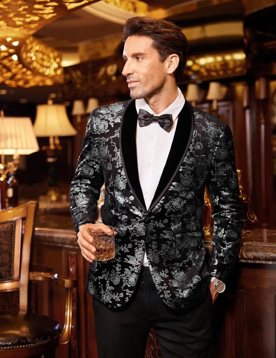 COOFANDY Men's Velvet Tuxedo Floral Blazer Jacket One Button Shawl Lapel Suit Jacket for Dinner Prom Party Wedding