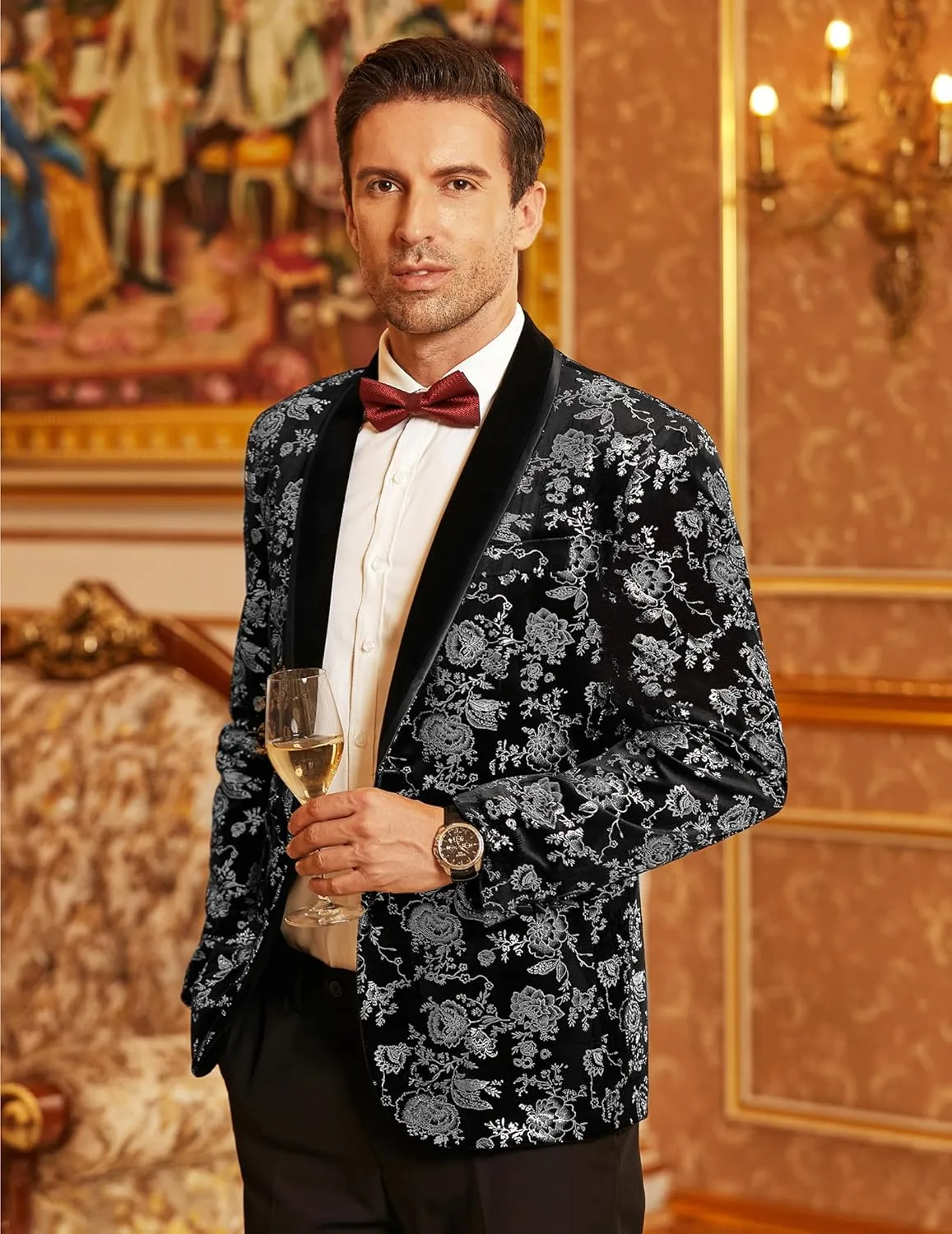 COOFANDY Men's Velvet Tuxedo Floral Blazer Jacket One Button Shawl Lapel Suit Jacket for Dinner Prom Party Wedding