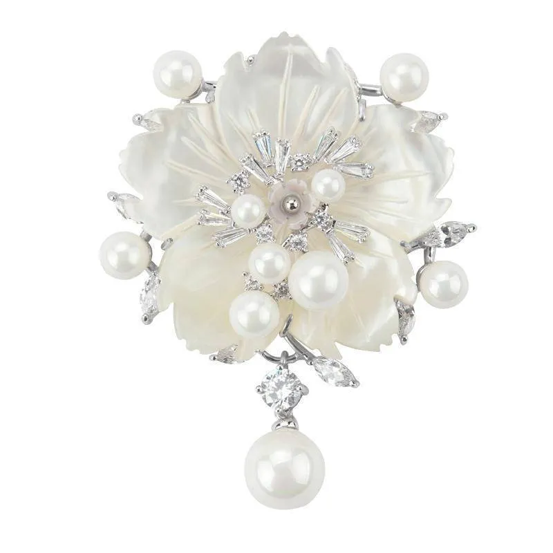Cubic Zirconia Flower With Imitation Shell Pearl