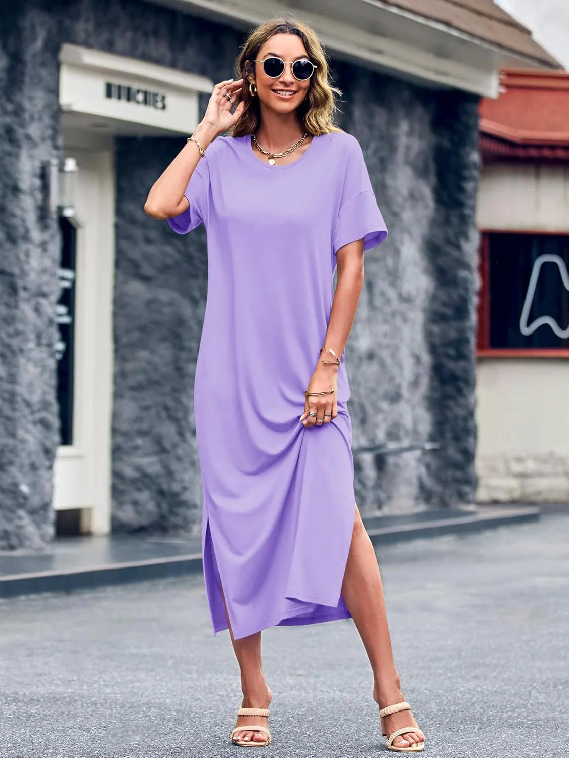 Dyexces Womens Summer T Shirt Dress Casual Drop Shoulder Round Neck Maxi Dresses Loose Side Slit Midi Dress with Pockets