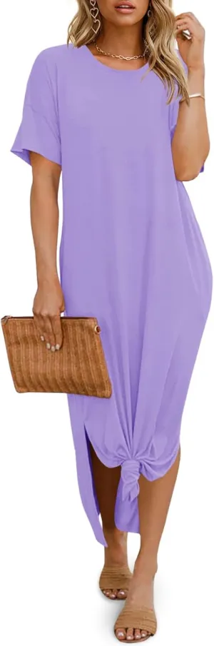 Dyexces Womens Summer T Shirt Dress Casual Drop Shoulder Round Neck Maxi Dresses Loose Side Slit Midi Dress with Pockets