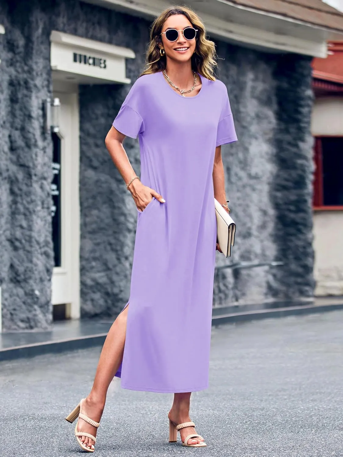 Dyexces Womens Summer T Shirt Dress Casual Drop Shoulder Round Neck Maxi Dresses Loose Side Slit Midi Dress with Pockets