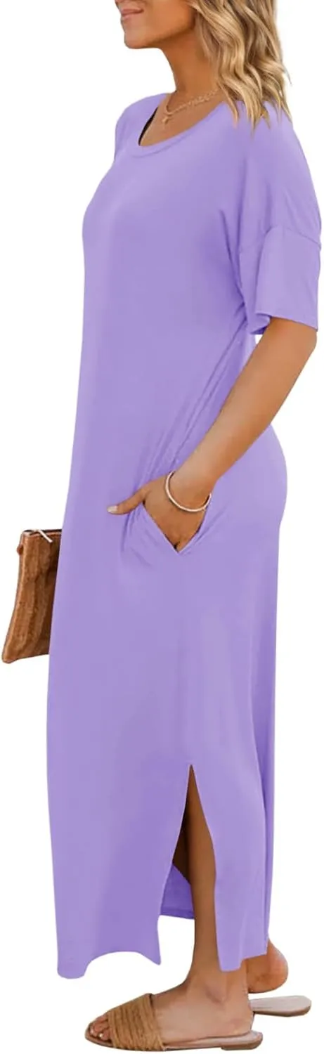 Dyexces Womens Summer T Shirt Dress Casual Drop Shoulder Round Neck Maxi Dresses Loose Side Slit Midi Dress with Pockets