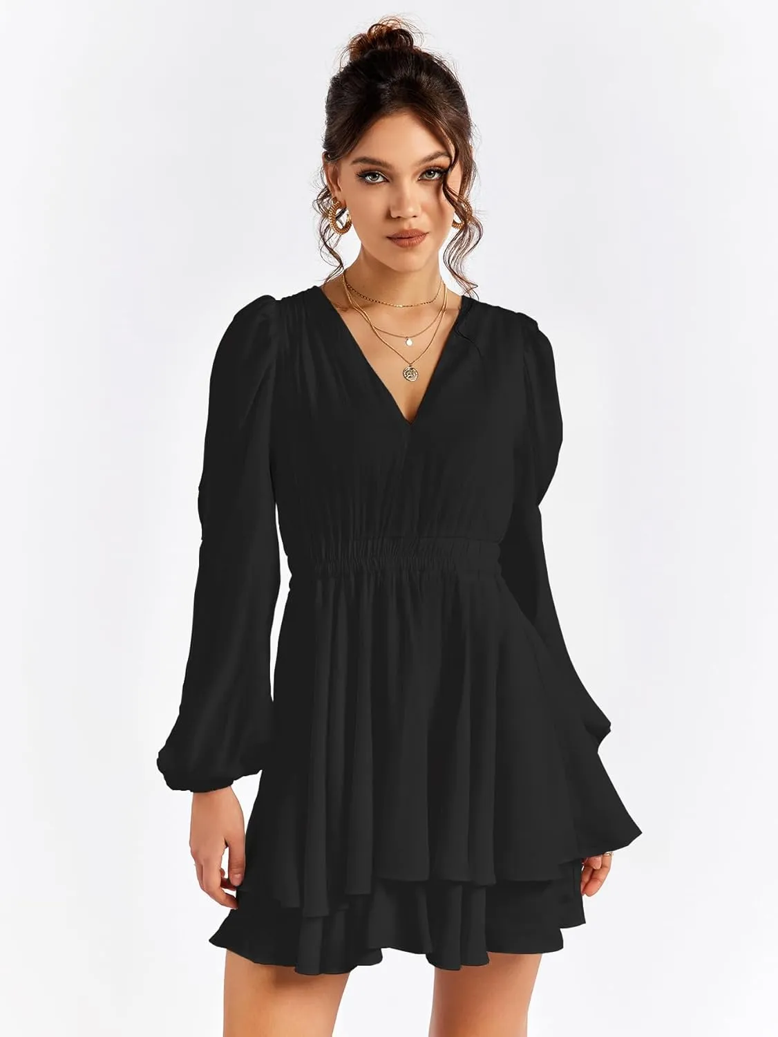 EYNMIN Women's Summer V Neck Mini Dress Flowy A-Line Ruffle Swing Casual Short Dresses