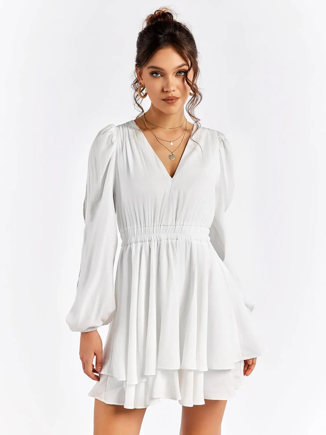 EYNMIN Women's Summer V Neck Mini Dress Flowy A-Line Ruffle Swing Casual Short Dresses