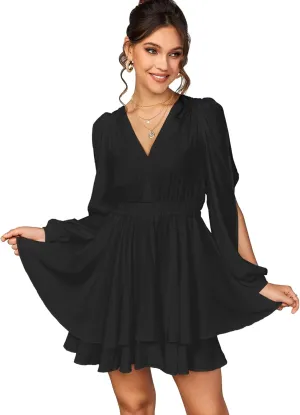 EYNMIN Women's Summer V Neck Mini Dress Flowy A-Line Ruffle Swing Casual Short Dresses