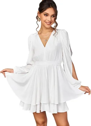 EYNMIN Women's Summer V Neck Mini Dress Flowy A-Line Ruffle Swing Casual Short Dresses