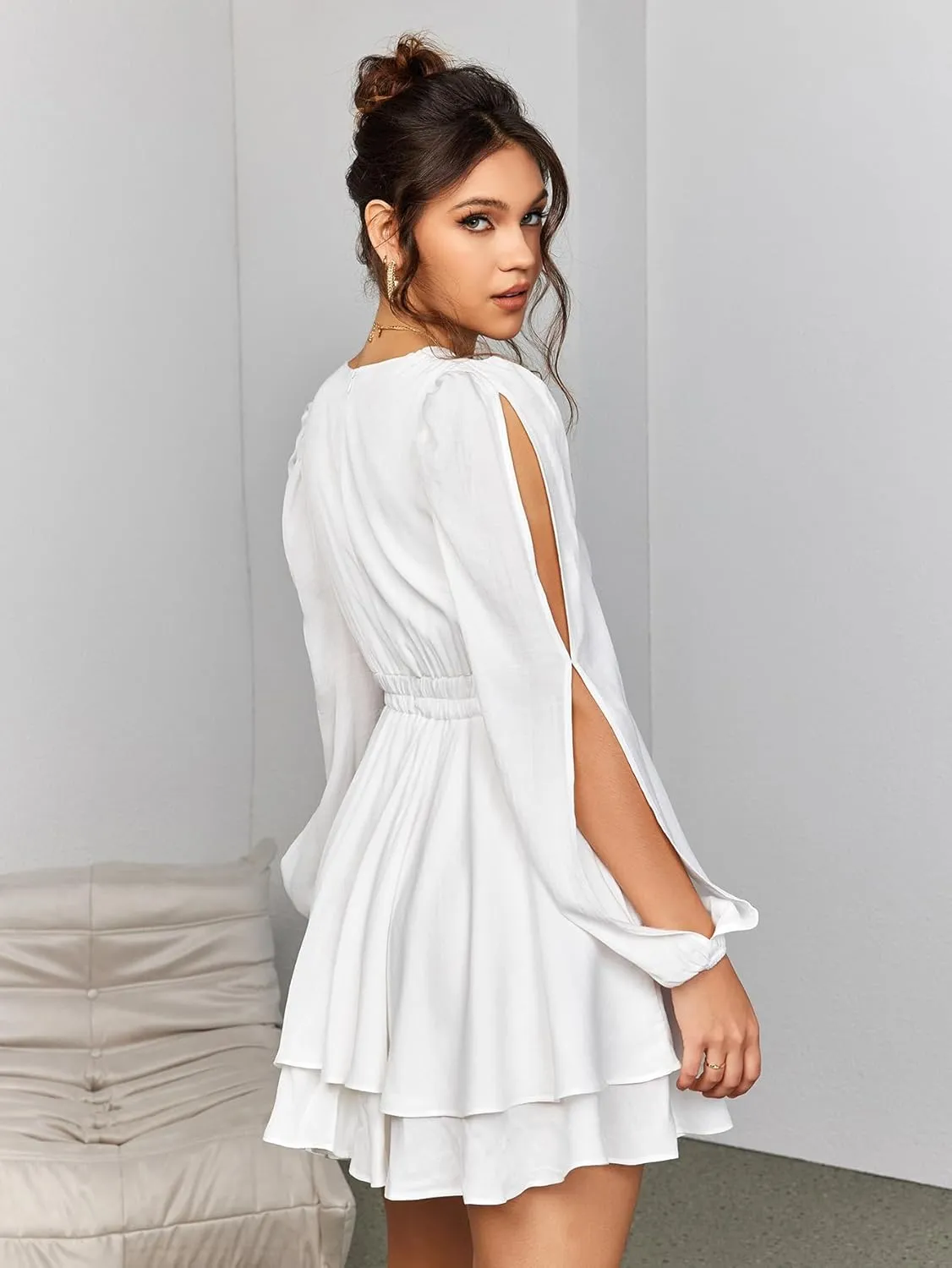 EYNMIN Women's Summer V Neck Mini Dress Flowy A-Line Ruffle Swing Casual Short Dresses