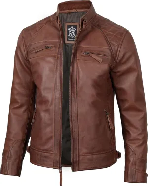 fjackets Real Lambskin Mens Leather Jackets - Quilted Cafe Racer Zip Up Moto Style Leather Jacket Men