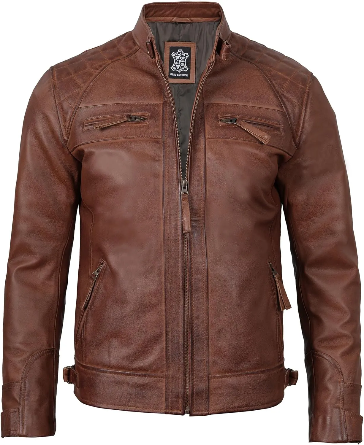 fjackets Real Lambskin Mens Leather Jackets - Quilted Cafe Racer Zip Up Moto Style Leather Jacket Men