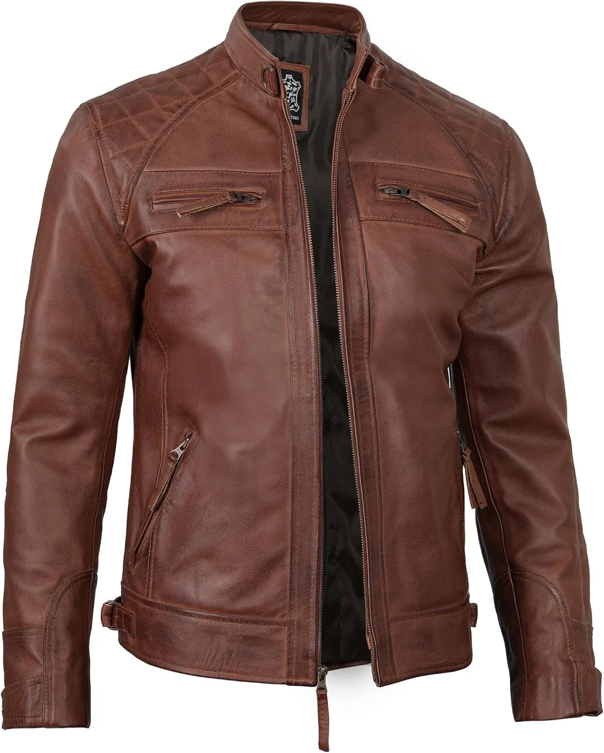 fjackets Real Lambskin Mens Leather Jackets - Quilted Cafe Racer Zip Up Moto Style Leather Jacket Men
