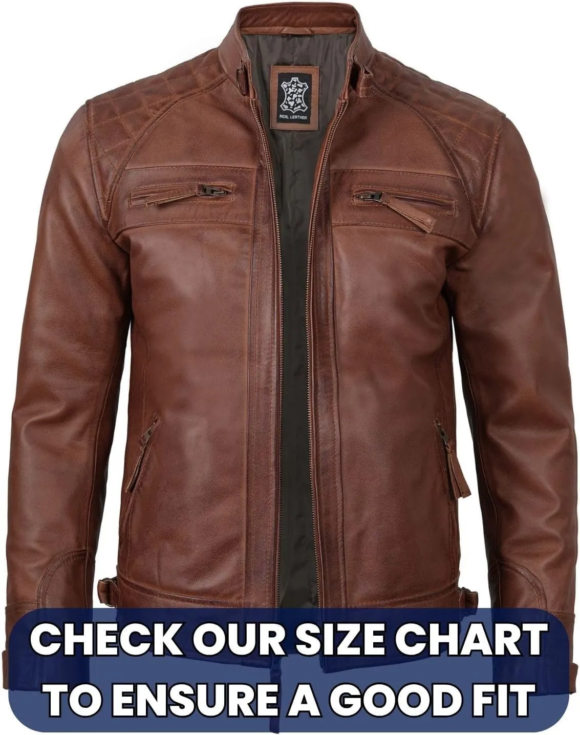 fjackets Real Lambskin Mens Leather Jackets - Quilted Cafe Racer Zip Up Moto Style Leather Jacket Men