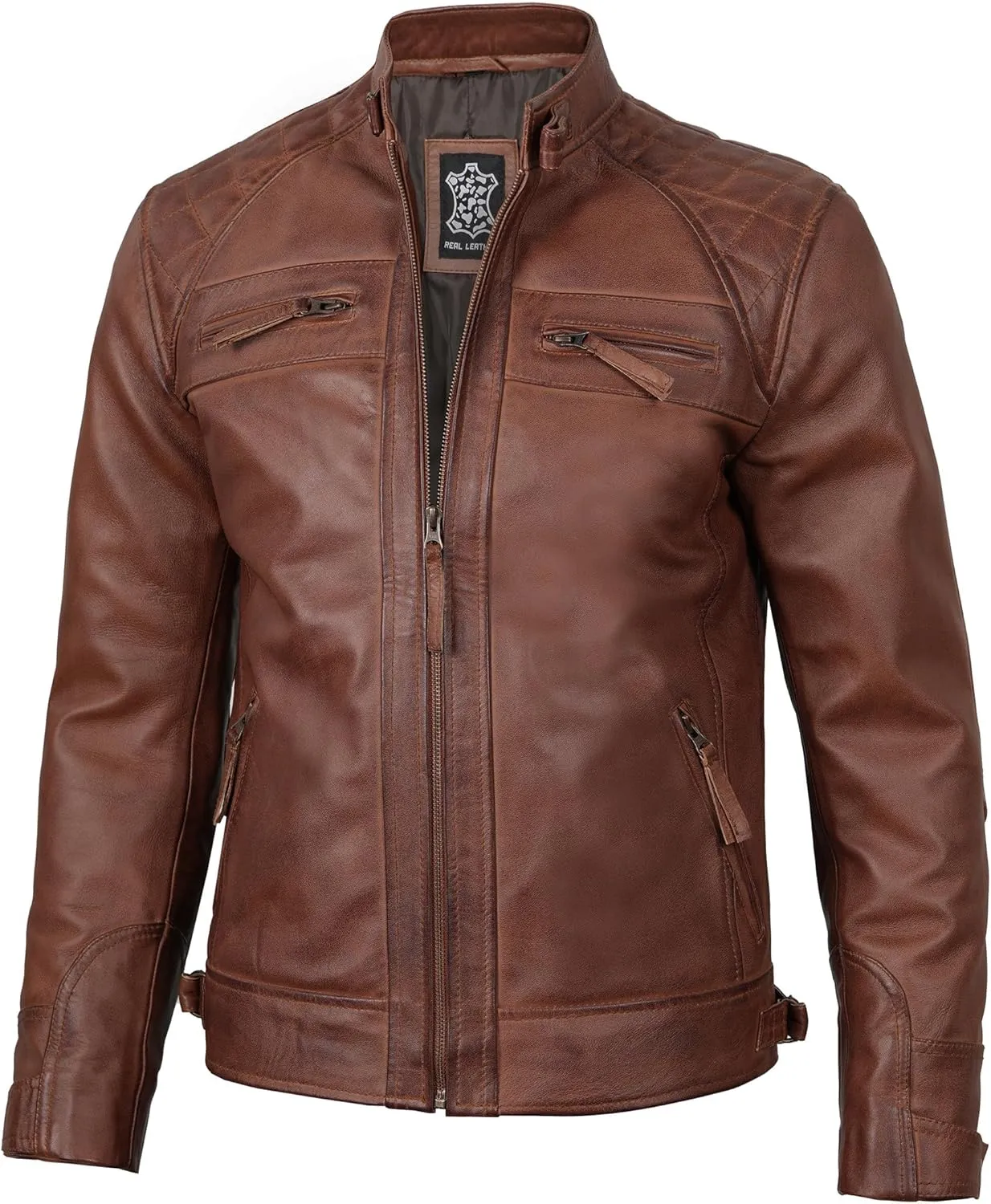 fjackets Real Lambskin Mens Leather Jackets - Quilted Cafe Racer Zip Up Moto Style Leather Jacket Men
