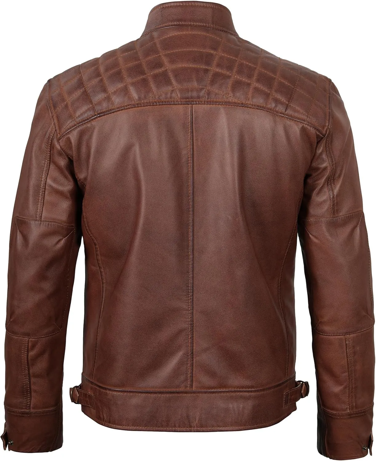 fjackets Real Lambskin Mens Leather Jackets - Quilted Cafe Racer Zip Up Moto Style Leather Jacket Men