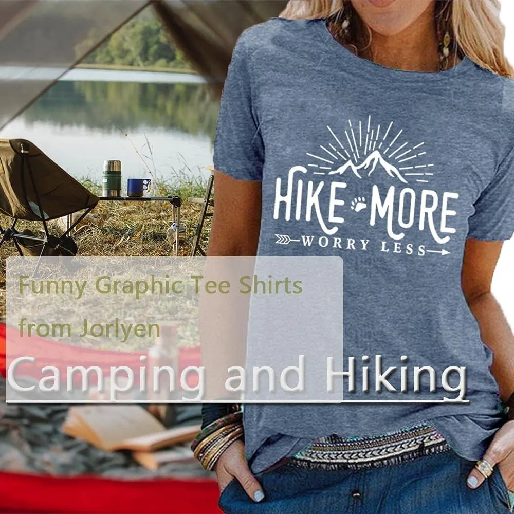 Hiking Shirt for Women Adventure Mountain Graphic Athletic Shirts Funny Hike More Worry Less Tee Tops