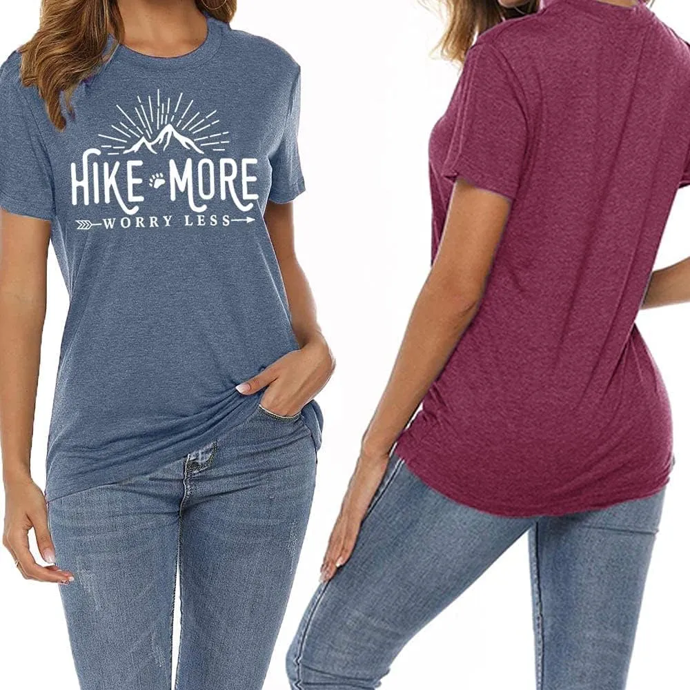 Hiking Shirt for Women Adventure Mountain Graphic Athletic Shirts Funny Hike More Worry Less Tee Tops