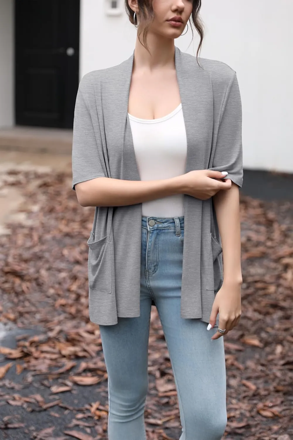 HIYIYEZI Women's Short Sleeve Open Front Cardigan Casual Loose Lightweight Cardigans with Pockets