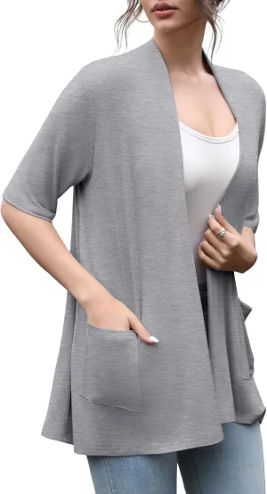 HIYIYEZI Women's Short Sleeve Open Front Cardigan Casual Loose Lightweight Cardigans with Pockets