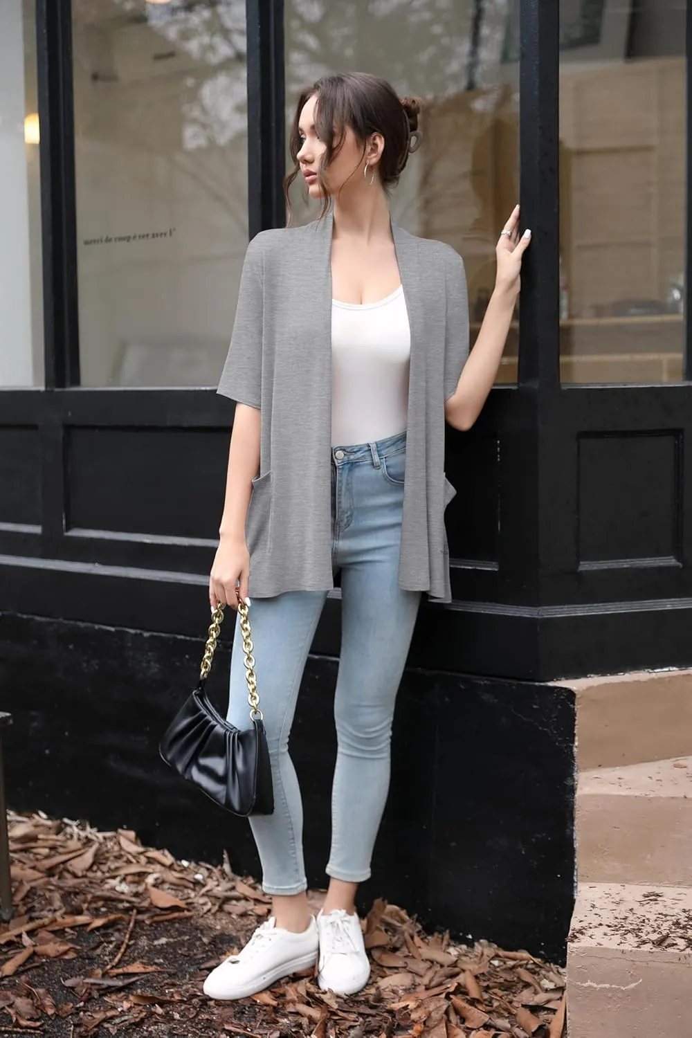 HIYIYEZI Women's Short Sleeve Open Front Cardigan Casual Loose Lightweight Cardigans with Pockets