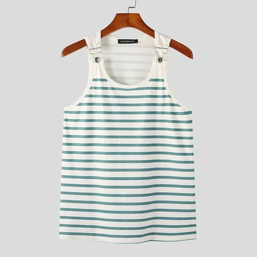 INCERUN Tops 2024 American Style Men's Horizontal Stripe Blue&White