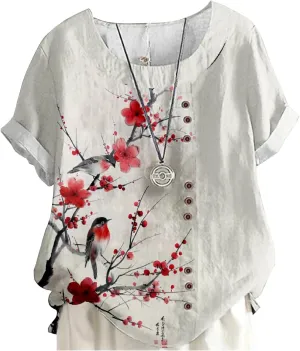 MARSVOVO Short Sleeve Tunic Tops for Women Novelty Japanese Style Vintage Decorative Buttons Oversize Blouse For Women