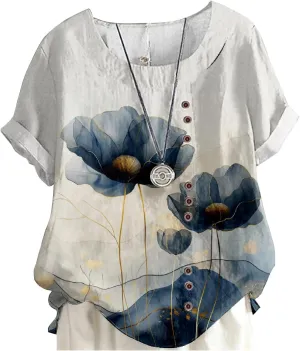 MARSVOVO Short Sleeve Tunic Tops for Women Novelty Japanese Style Vintage Decorative Buttons Oversize Blouse For Women