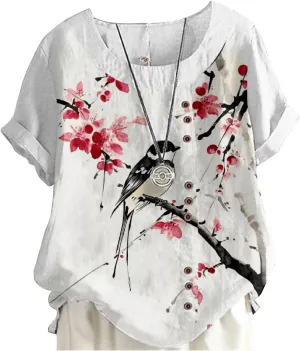 MARSVOVO Short Sleeve Tunic Tops for Women Novelty Japanese Style Vintage Decorative Buttons Oversize Blouse For Women