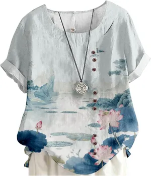 MARSVOVO Short Sleeve Tunic Tops for Women Novelty Japanese Style Vintage Decorative Buttons Oversize Blouse For Women